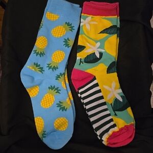 2 Pair of Socks-Mismatched Colorful Socks & Yellow Pineapples on Blue Background